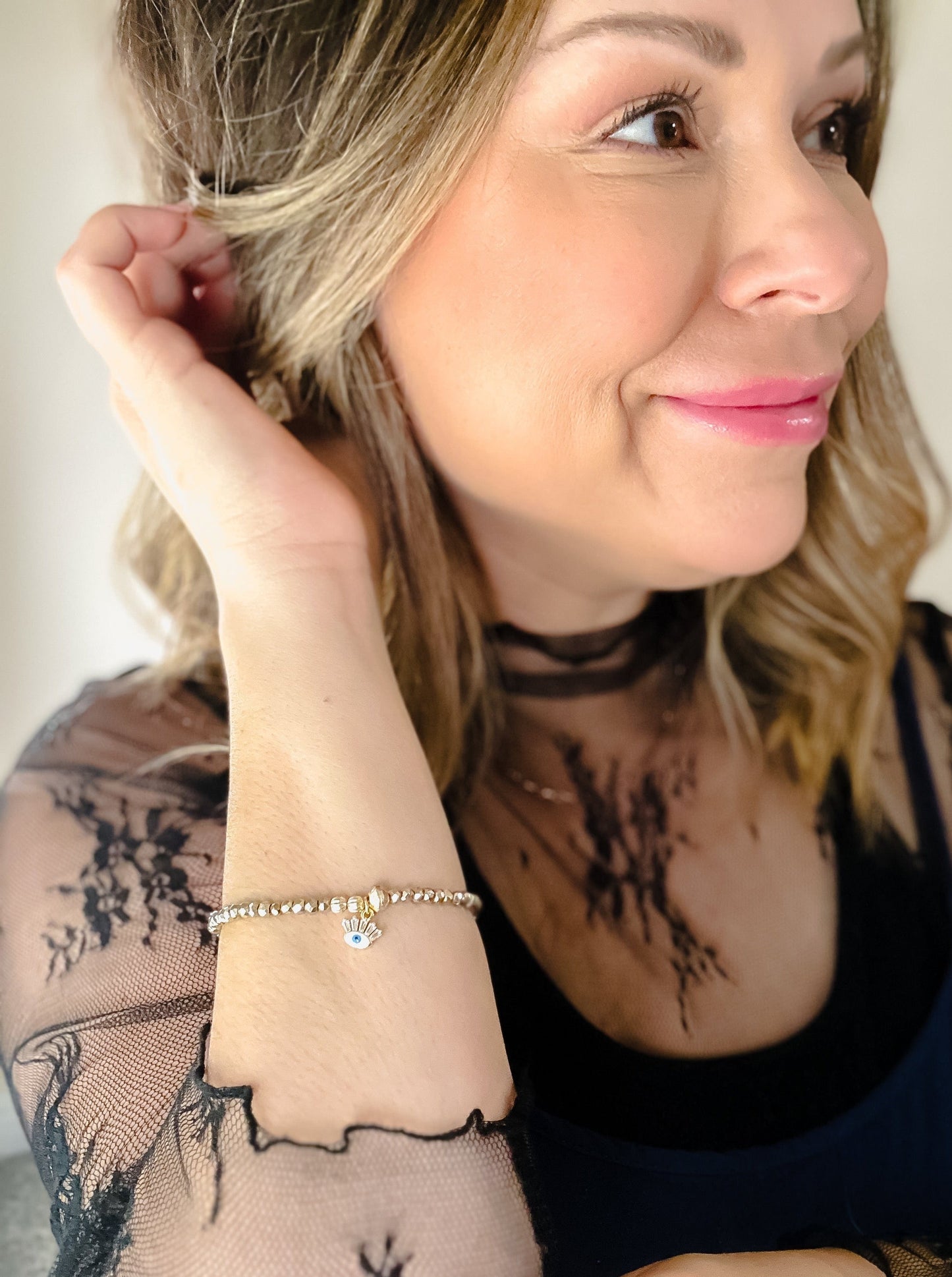 adjustable evil eye & pyrite bracelet