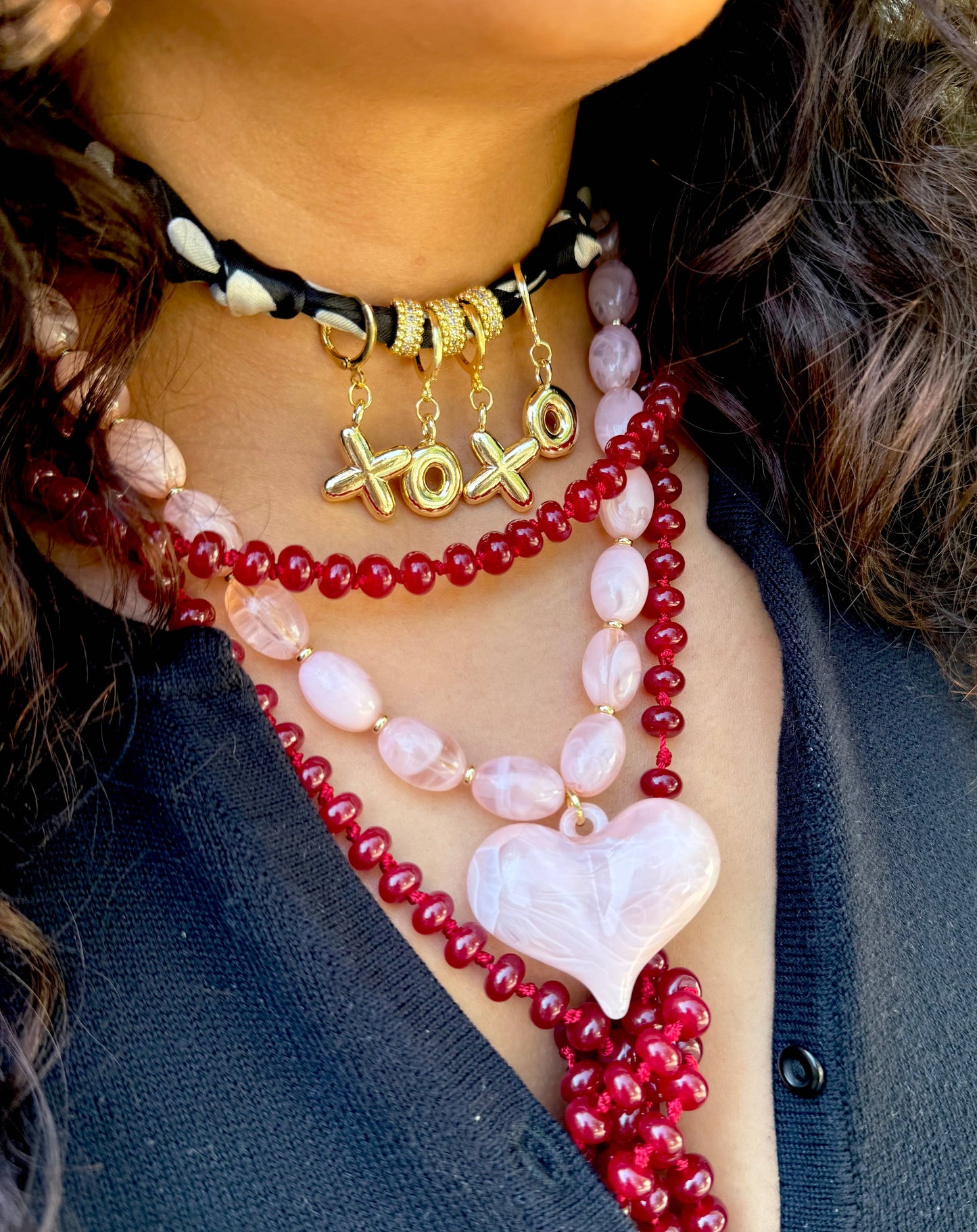 Roxie Pink Beaded Necklace with Heart Charm